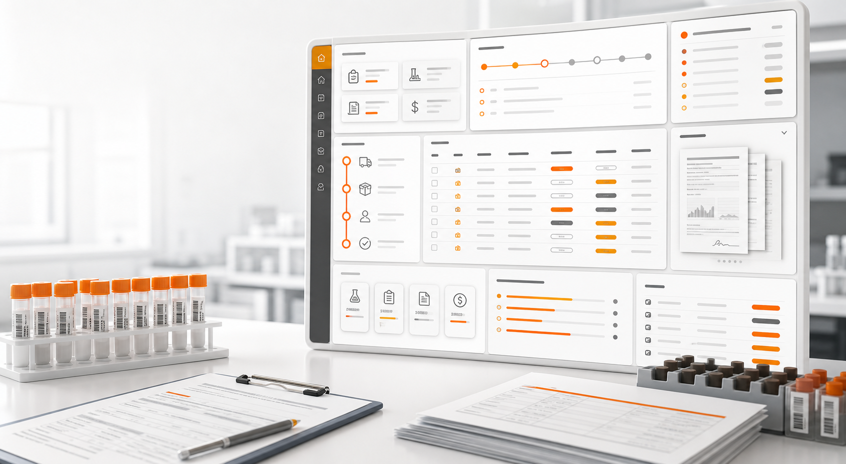 A configurable LIMS operations dashboard with sample tracking, custody, report, and billing panels